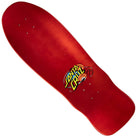 The Stranger Things Grabke Max Melting Clock 9.7in x 29.4in Santa Cruz skateboard deck features a red design, pointed nose, wide tail, and a colorful logo with a melting clock and worm graphic on the lower right side.