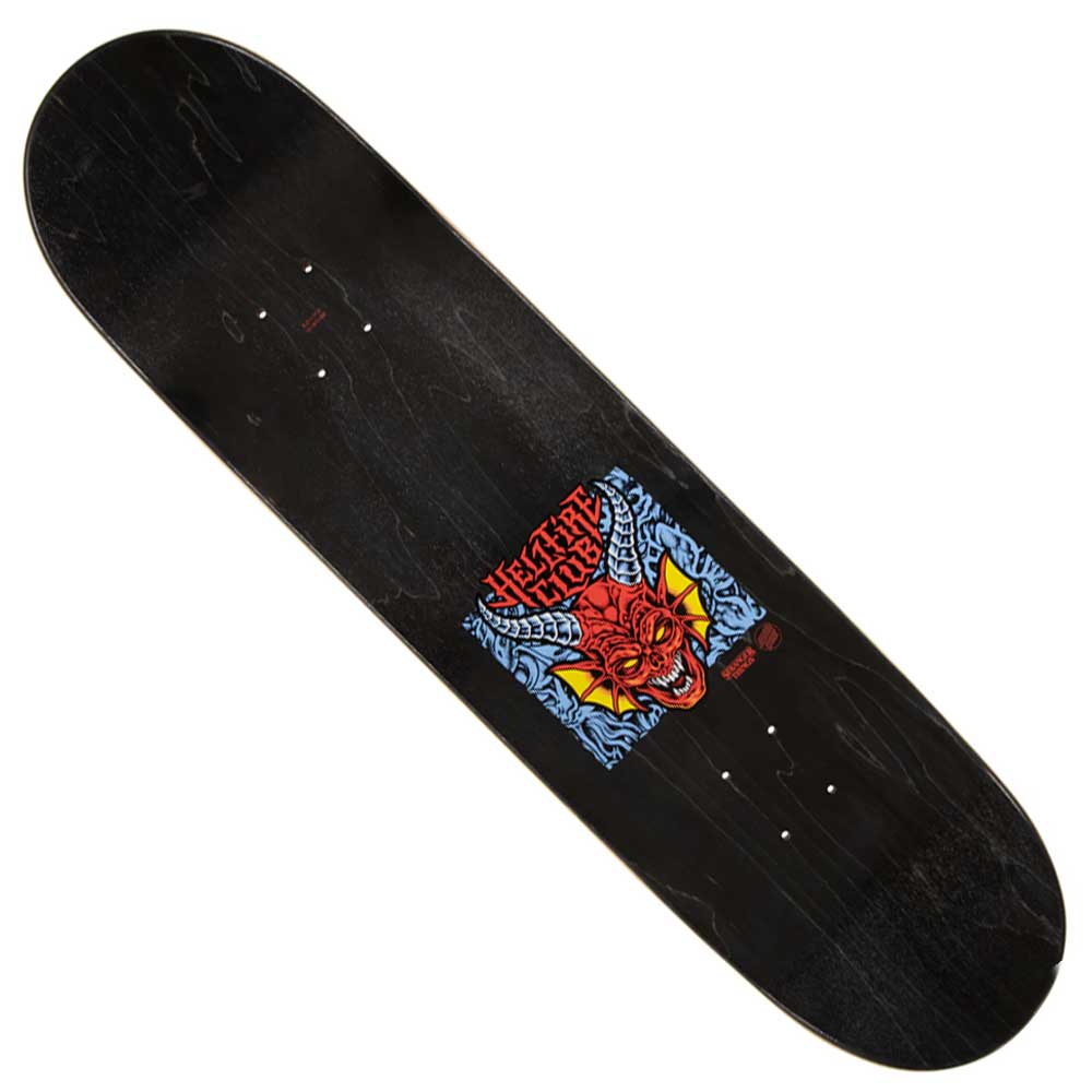 The Stranger Things Hellfire Club 8.25in x 31.8in Santa Cruz Skateboard Deck is black with a colorful graphic featuring a red demon head, yellow eyes, blue background, and "HEATH KIRCHART" above the image.