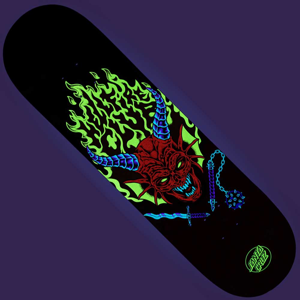 The Stranger Things Hellfire Club 8.25in x 31.8in Santa Cruz Skateboard Deck showcases neon art of a red horned demon with glowing green eyes, blue striped horns, green flames, and a spiked mace plus a green Santa Cruz logo.