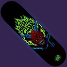 The Stranger Things Hellfire Club 8.25in x 31.8in Santa Cruz Skateboard Deck showcases neon art of a red horned demon with glowing green eyes, blue striped horns, green flames, and a spiked mace plus a green Santa Cruz logo.
