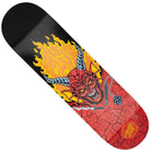 The Stranger Things Hellfire Club 8.25in x 31.8in Santa Cruz Skateboard Deck features a red demon head with yellow horns, flames, a flail weapon, and a cracked red background with the Santa Cruz logo.
