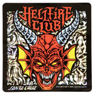 The Stranger Things Hellfire Club 8.25in x 31.8in Santa Cruz Skateboard Deck features a red demon face with yellow eyes, fangs, white horns, "Hellfire Club" in fiery letters above, and a psychedelic black and silver swirl background.