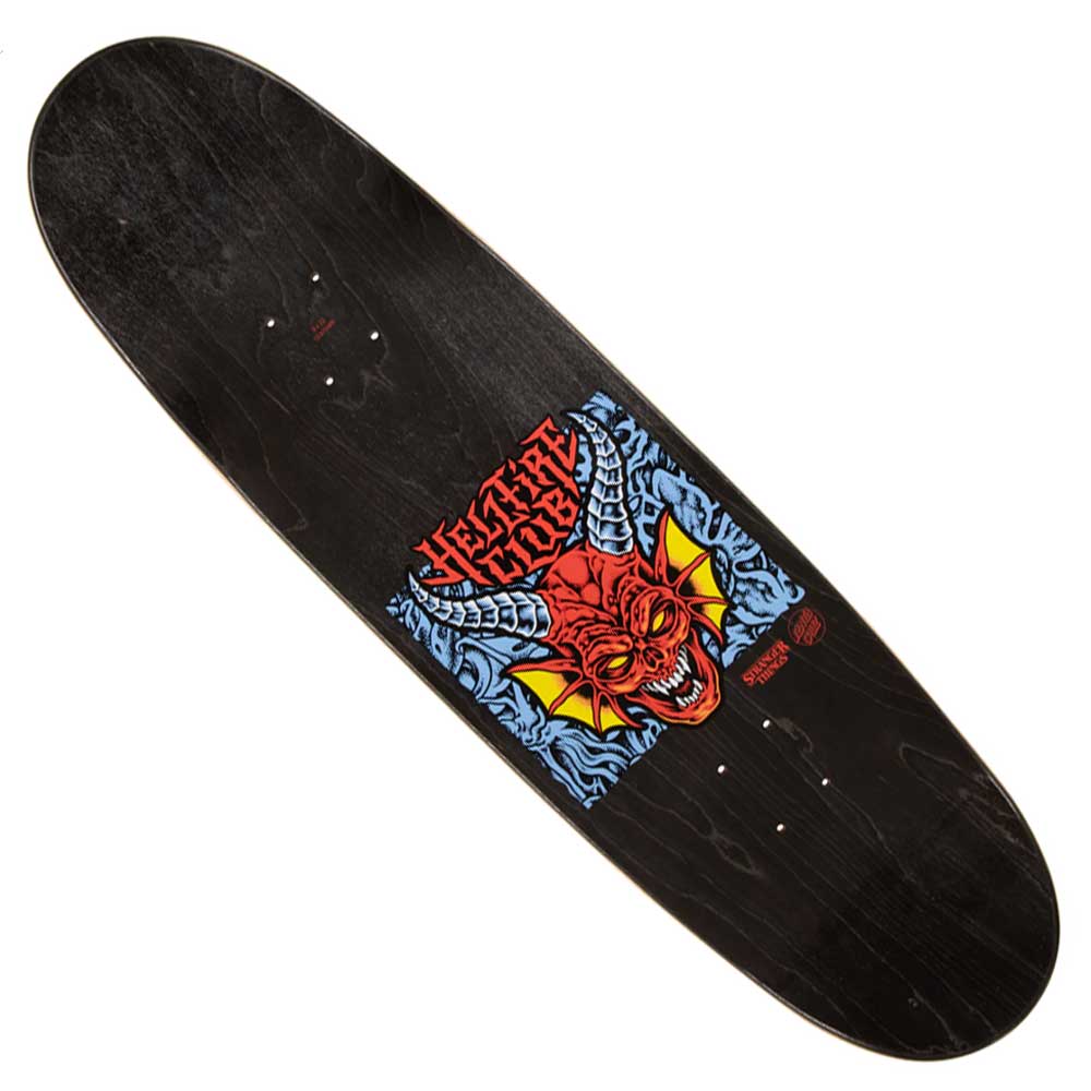 The Stranger Things Hellfire Club Flames 9.00in x 32.00in Santa Cruz Skateboard Deck features a black special shape, bold red HEATH KIRCHART text, a devil face with horns and yellow fangs, and blue flames graphic.