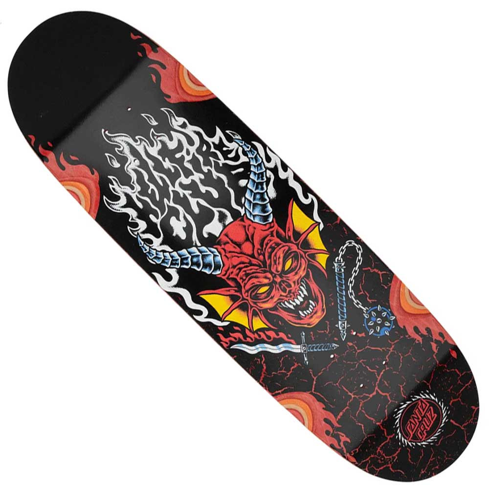 The Stranger Things Hellfire Club Flames 9.00in x 32.00in Santa Cruz Skateboard Deck features a unique shape and vibrant red horned demon head graphic with yellow eyes, flames, cracked lava details, and Santa Cruz branding at the bottom.