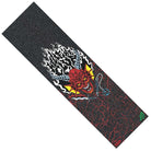The Stranger Things Hellfire Club Grip Tape 9in x 33in by Mob features a red, horned demon head with yellow ears and white flames on a black cracked background, plus a green Mob Grip logo in the corner.