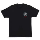 The Stranger Things Hellfire Pit S/S Heavyweight Black Tee features a small circular Santa Cruz logo in white and blue with red text below on the upper left chest, shown laid flat on a white background.