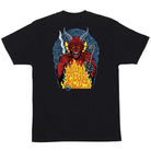 The Stranger Things Hellfire Pit S/S Heavyweight Black Tee features a graphic of a red devil with horns holding a knife and chain, surrounded by blue patterns and flames.