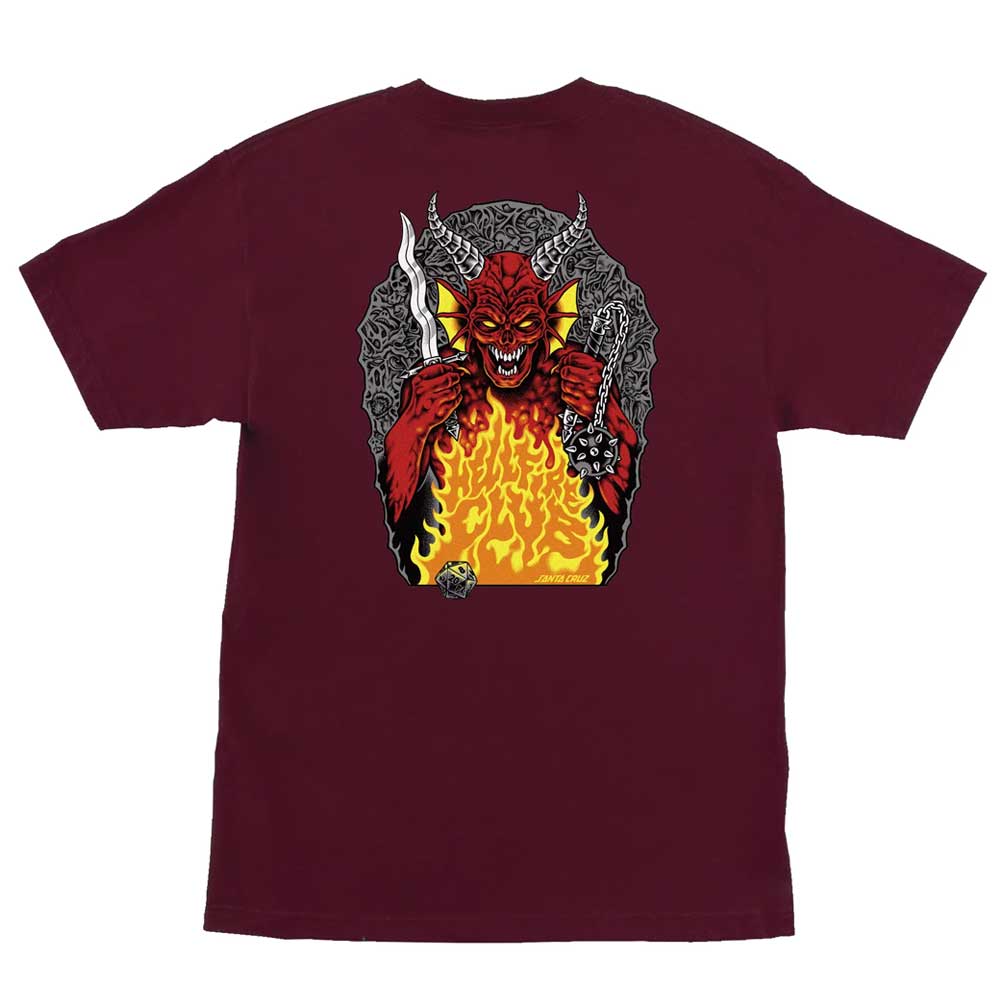 The Stranger Things Hellfire Pit S/S Heavyweight Maroon Tee features a red devil with horns, sword, and staff, surrounded by flames and dark patterns on the back. Official mens Santa Cruz T-shirt.