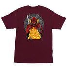 The Stranger Things Hellfire Pit S/S Heavyweight Maroon Tee features a red devil with horns, sword, and staff, surrounded by flames and dark patterns on the back. Official mens Santa Cruz T-shirt.