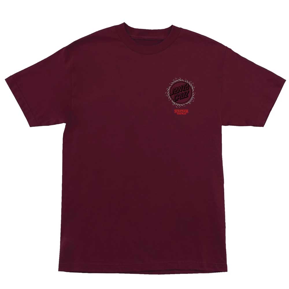 The Stranger Things Hellfire Pit S/S Heavyweight Maroon Tee by Santa Cruz features a small circular black and red logo with text on the left chest. The men's short-sleeve shirt is shown laid flat on a white background.