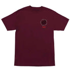 The Stranger Things Hellfire Pit S/S Heavyweight Maroon Tee by Santa Cruz features a small circular black and red logo with text on the left chest. The men's short-sleeve shirt is shown laid flat on a white background.