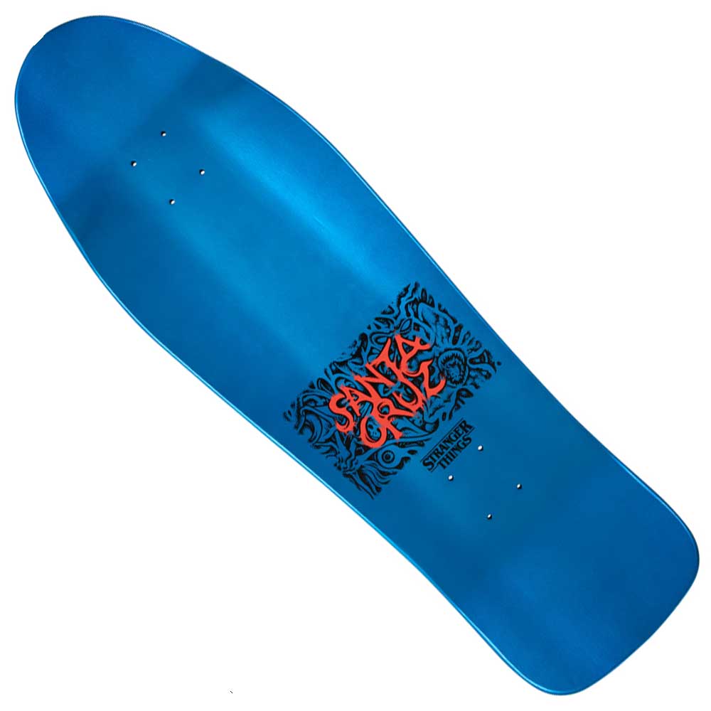 The Stranger Things Knox Hellfire Pit 10.07in x 31.275in Santa Cruz Skateboard Deck features an abstract black and orange graphic with "Santa Cruz" at the center, shown in blue on a white background.