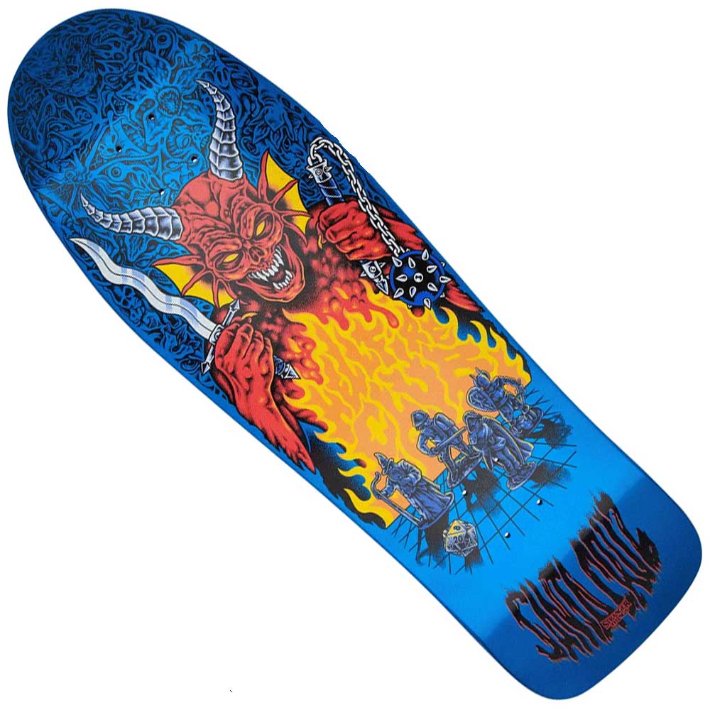 The Stranger Things Knox Hellfire Pit 10.07in x 31.275in Santa Cruz Skateboard Deck features a unique shape, vivid red demon and knights artwork, fiery details, and the Santa Cruz logo on a blue background.