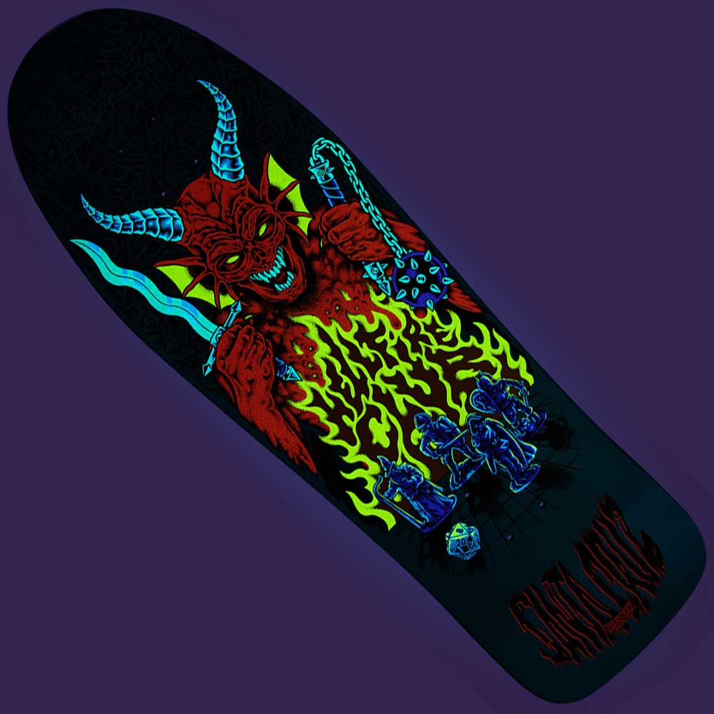 The Stranger Things Knox Hellfire Pit 10.07in x 31.275in Santa Cruz Skateboard Deck features vibrant neon artwork of a red, horned demon with a spiked mace amid green flames and blue skulls on a black and purple background for a glowing effect.