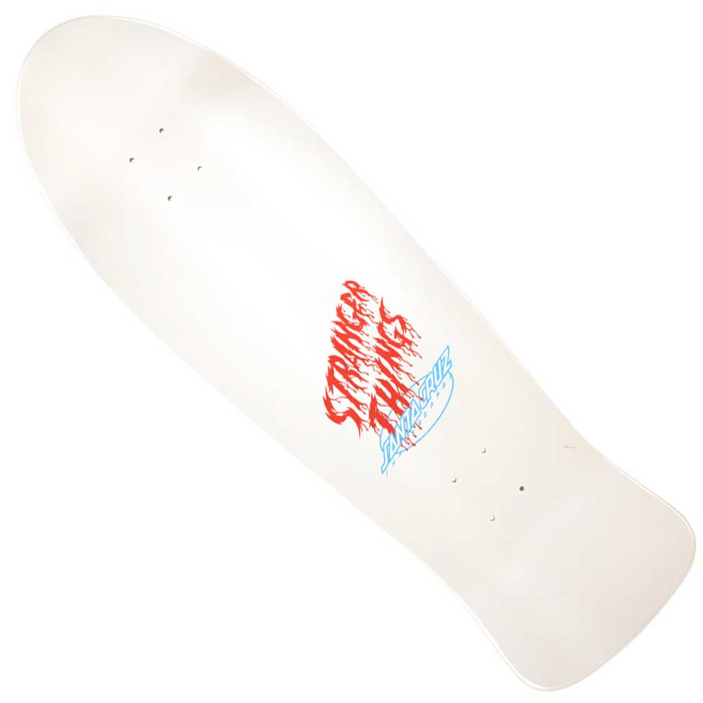 The Stranger Things Meek Slasher Eddie Reveal 10.1in x 31.13in Santa Cruz Skateboard Deck features a white base with red Stranger Things and blue Santa Cruz logos, plus a special shape with wide nose and curved tail.
