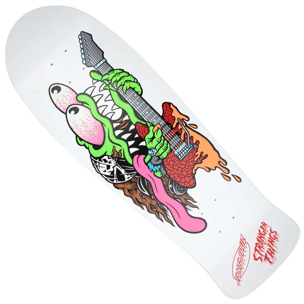 The Stranger Things Meek Slasher Eddie Reveal 10.1in x 31.13in Santa Cruz Skateboard Deck features a white special shape, colorful cartoon creature with long hair and guitar, plus red Santa Cruz and Stranger Things logos.
