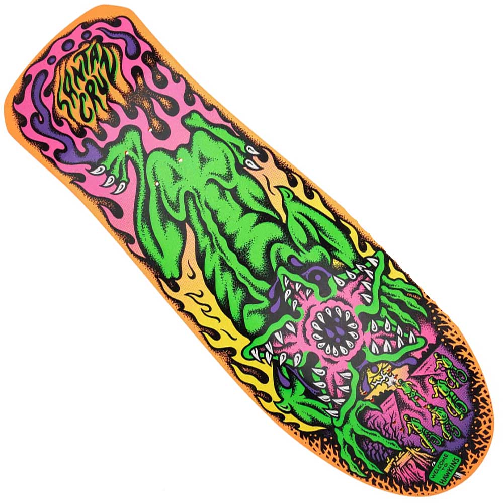 The Stranger Things Salba Demogorgon 10.3in x 31.1in Santa Cruz Skateboard Deck features vibrant green, pink, and yellow psychedelic art of a monstrous, melting creature with sharp teeth and distorted features.