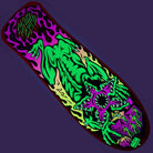 The Stranger Things Salba Demogorgon 10.3in x 31.1in Santa Cruz Skateboard Deck features vivid neon art of a green monster with sharp teeth, purple and black flames, small green figures, and a deep purple background.