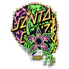 The Stranger Things Salba Demogorgon 10.3in x 31.1in Santa Cruz Skateboard Deck features bold Santa Cruz lettering over a monstrous creature with sharp teeth and green limbs, plus the Stranger Things logo on vibrant, swirling colors.