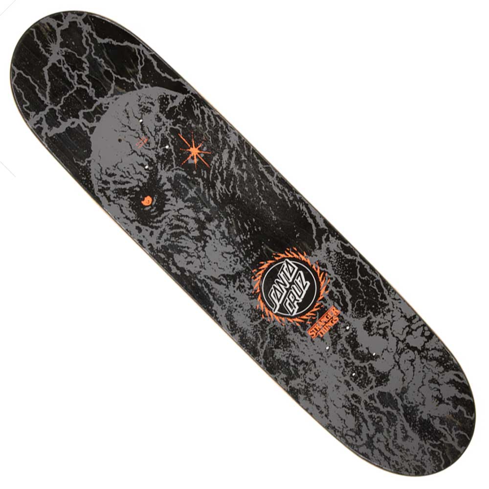 The Stranger Things Season 5 8.5in x 32.2in Santa Cruz Skateboard Deck features a black and gray marbled pattern with orange accents—ideal for your deck mural or to complete your Santa Cruz collection.