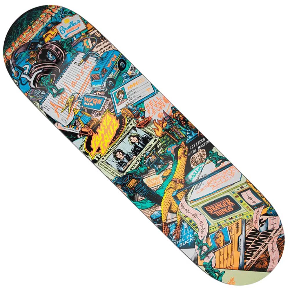 The Stranger Things Season 5 8.5in x 32.2in Santa Cruz Skateboard Deck features vibrant, comic-style artwork with characters, cars, monsters, flames, retro ads, and pop culture nods from “Stranger Things” season 5.