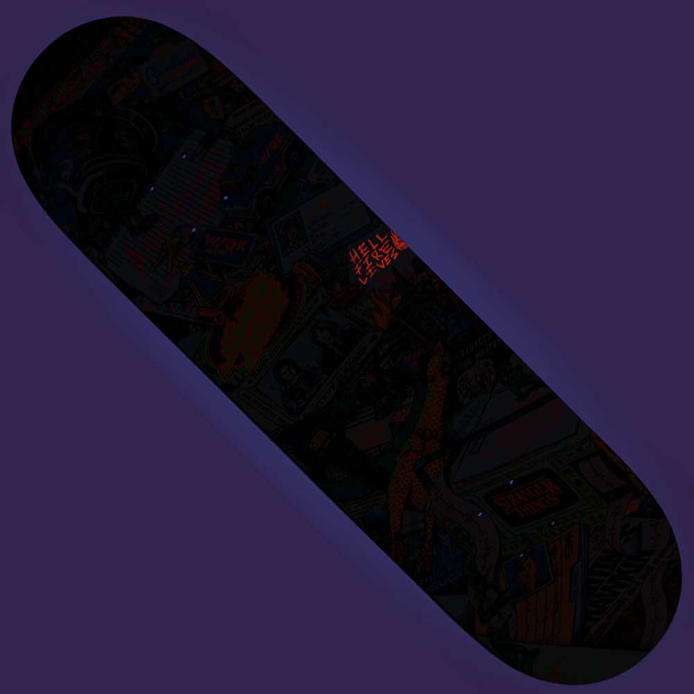 The Stranger Things Season 5 8.5in x 32.2in Santa Cruz Skateboard Deck features a dark, busy mural with glowing red-orange "HELL FEST" text on purple; faint season-inspired artwork is mostly hidden in shadow.
