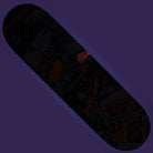 The Stranger Things Season 5 8.5in x 32.2in Santa Cruz Skateboard Deck features a dark, busy mural with glowing red-orange "HELL FEST" text on purple; faint season-inspired artwork is mostly hidden in shadow.