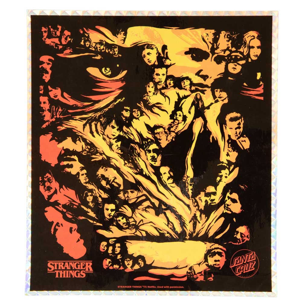 The Stranger Things Season 5 8.5in x 32.2in Santa Cruz Skateboard Deck features a vivid poster-style graphic with faces of key characters in a fiery pattern on black, plus Stranger Things and Santa Cruz logos at the bottom—a dynamic collectible mural for fans.