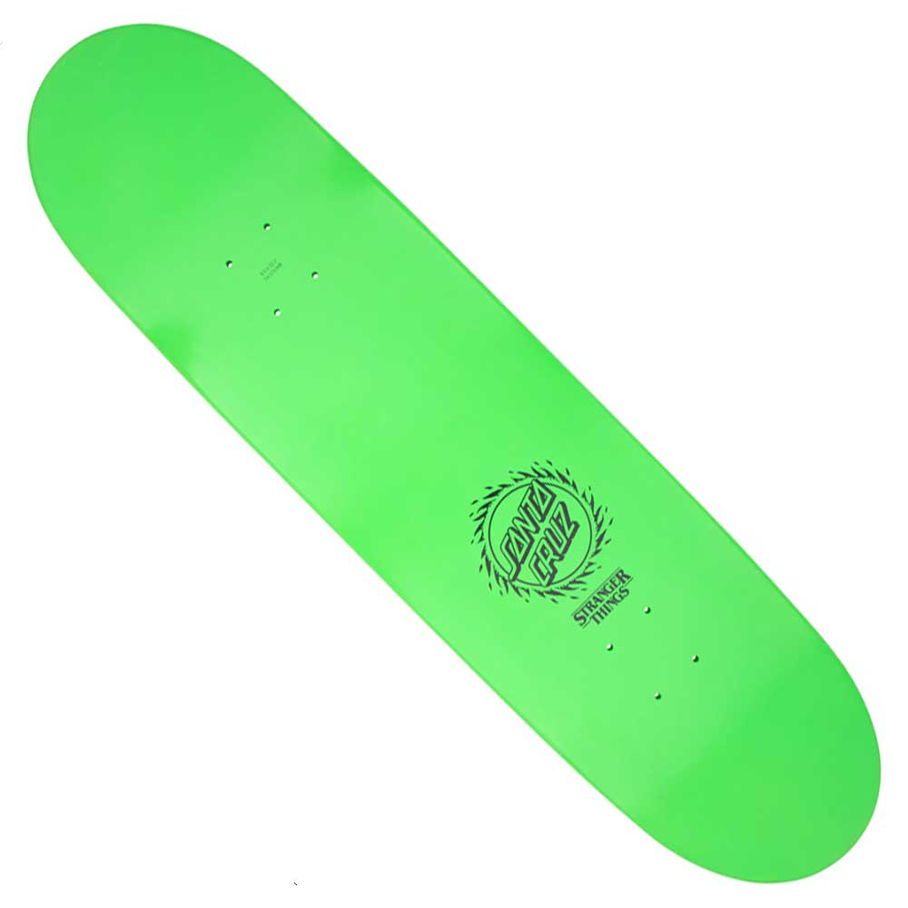 A Stranger Things Vecna 8.5in x 32.2in Santa Cruz skateboard deck, bright green with the logo and Screaming Hand text in black near one end. Deck only—no wheels or trucks included.