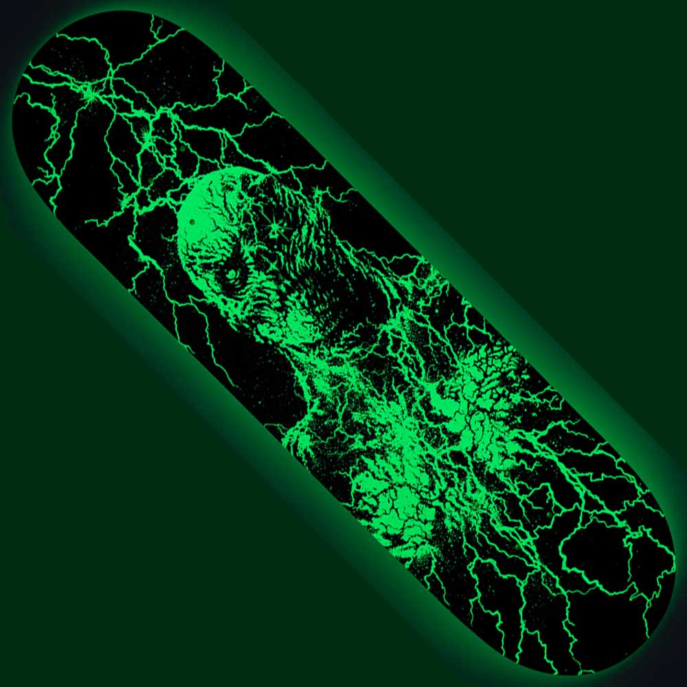 The Stranger Things Vecna 8.5in x 32.2in Santa Cruz Skateboard Deck features a glowing green design of the monstrous Vecna surrounded by electric lightning patterns on a dark background.