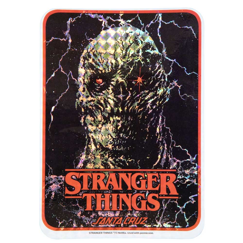 The Stranger Things Vecna 8.5in x 32.2in Santa Cruz Skateboard Deck features a close-up of a green-skinned, glowing-eyed monster with lightning, plus bold red Stranger Things and Santa Cruz text at the bottom.