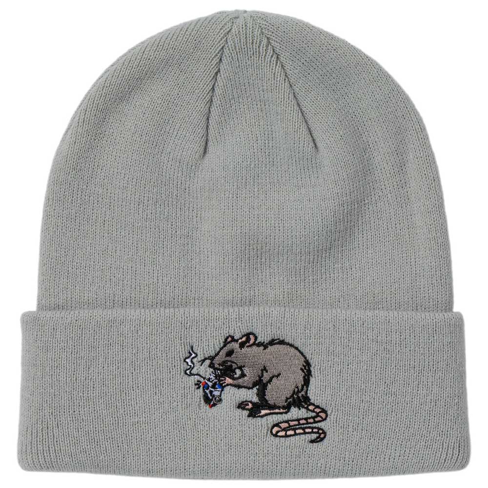 The Street Cleaner Cuff Real Skateboards beanie is a light gray knit featuring an embroidered rat holding a smoking cigarette on the cuff—a perfect blend of classic Street Cleaner style with Real Skateboards’ signature attitude.