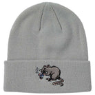 The Street Cleaner Cuff Real Skateboards beanie is a light gray knit featuring an embroidered rat holding a smoking cigarette on the cuff—a perfect blend of classic Street Cleaner style with Real Skateboards’ signature attitude.