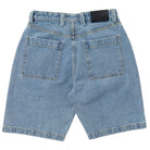 Back view of Street Cleaner Denim Short Light Bleach Wash Real Skateboards featuring two large back pockets, belt loops, and a black leather patch on the waistband.