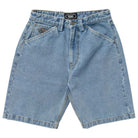 The Street Cleaner Denim Short Light Bleach Wash by Real Skateboards features a zipper fly, belt loops, two side pockets, a small front pocket, and the REAL brand label on the waistband for relaxed street style.