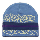 The Striped Beanie Blue Late Nite Stars Skateboarding features a blue base, cream floral pattern at the bottom, and navy and purple stripes—making it perfect for skateboarding or everyday wear.