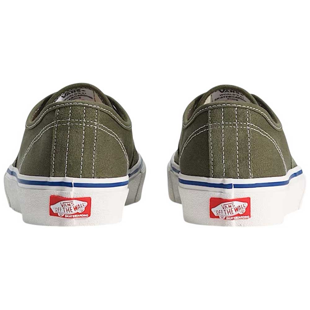 A pair of Suede Canvas Mossy Olive Authentic VN0A5FC8FR11 Vans Skateboarding Shoes shown from the back, with white soles, blue stripe accents, red Off The Wall heel logos, and durable vulcanized construction.