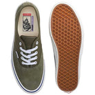 A pair of Suede Canvas Mossy Olive Authentic VN0A5FC8FR11 Vans Skateboarding Shoes with white laces and soles, brown waffle vulcanized sole, and Vans labels on the inside and side, shown from the top and bottom.