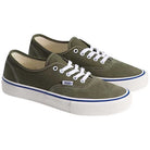 The Suede Canvas Mossy Olive Authentic VN0A5FC8FR11 Vans Skateboarding Shoes feature a low-top design in olive green with white laces, white soles, blue detailing around the sole, and visible stitching for a timeless skate style.