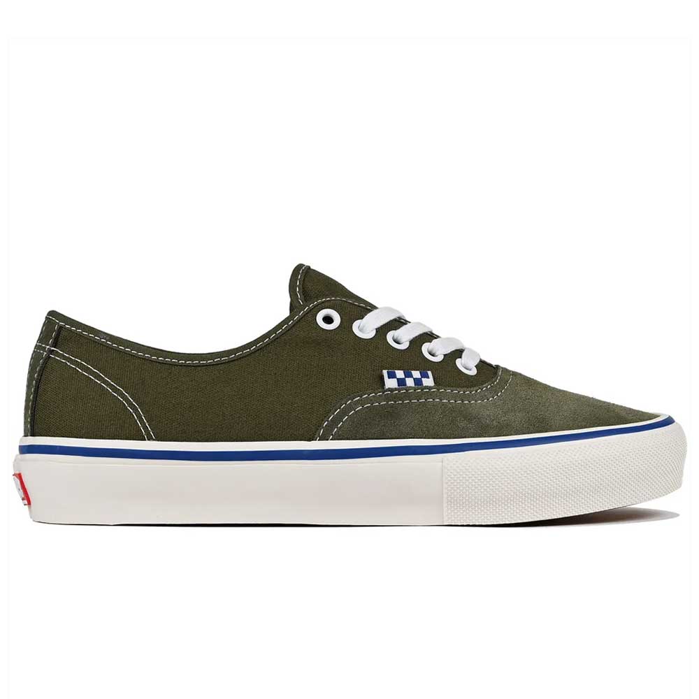 A side view of the Suede Canvas Mossy Olive Authentic VN0A5FC8FR11 Vans Skate Skateboarding Shoe features olive green suede and canvas, white stitching and laces, a white rubber sole, PopCush footbeds, and a blue-and-white checkerboard tag near the laces.