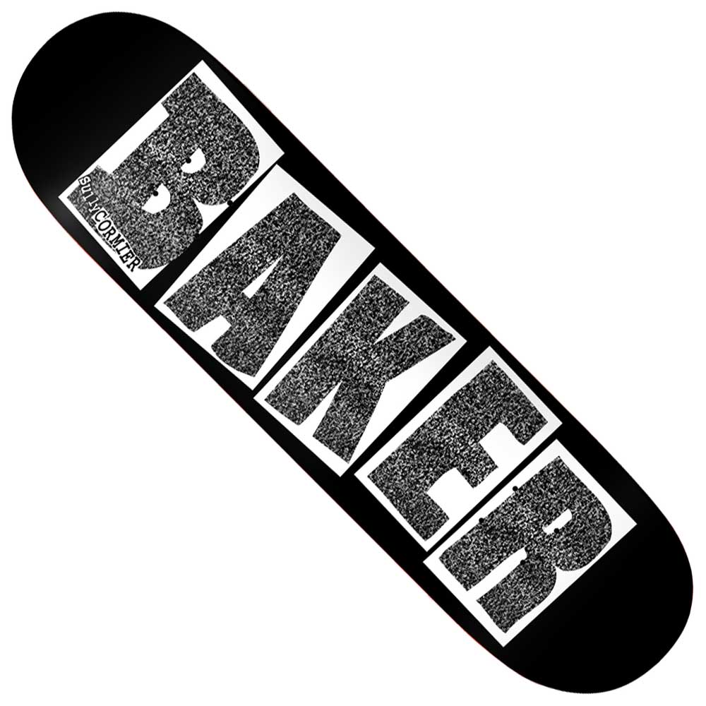 The Sully Cormier Brand Logo 8.5 Cosmic Microwave Baker Skateboards Deck features a bold, diagonal BAKER logo in large white letters across its black base, each letter filled with a gritty texture inspired by Sully Cormier’s signature style.