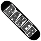 The Sully Cormier Brand Logo 8.5 Cosmic Microwave Baker Skateboards Deck features a bold, diagonal BAKER logo in large white letters across its black base, each letter filled with a gritty texture inspired by Sully Cormier’s signature style.