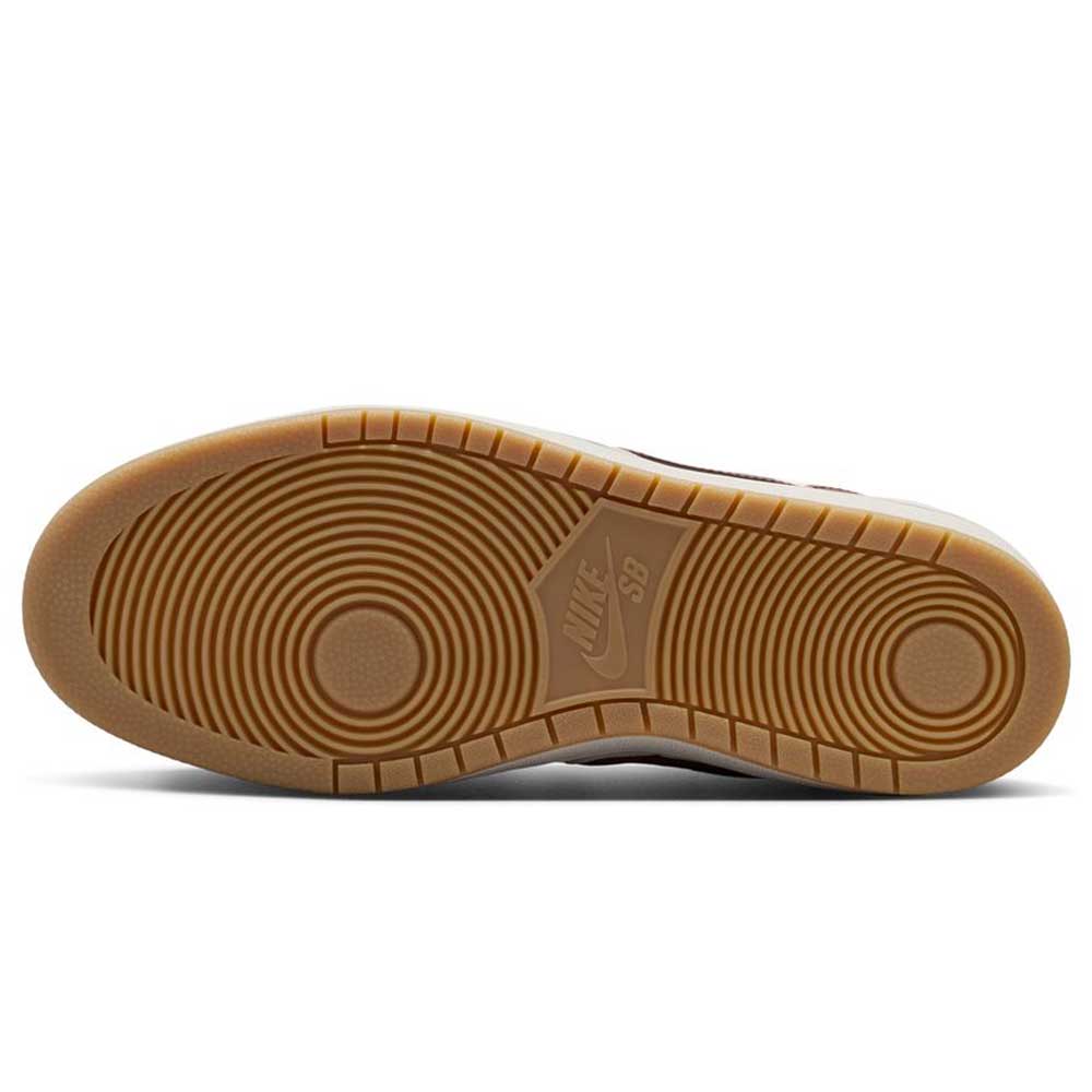 The Summit White Mystic Dates Code 58 IB0108102 Nike SB Skateboarding Suede shoe features a durable gum rubber outsole with a circular pivot point at the forefoot and a central text logo.
