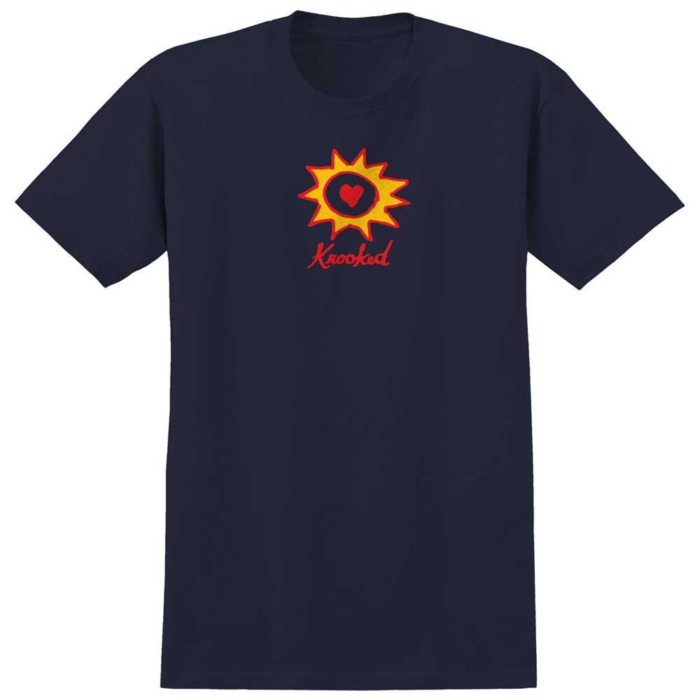 The Sun Heart Navy Yellow Tee by Krooked Skateboards features a vibrant red and yellow sunburst design with a heart at the center and the word "Krooked" in bold red underneath—an eye-catching navy blue tee perfect for fans of the brand.