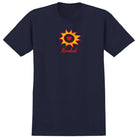 The Sun Heart Navy Yellow Tee by Krooked Skateboards features a vibrant red and yellow sunburst design with a heart at the center and the word "Krooked" in bold red underneath—an eye-catching navy blue tee perfect for fans of the brand.