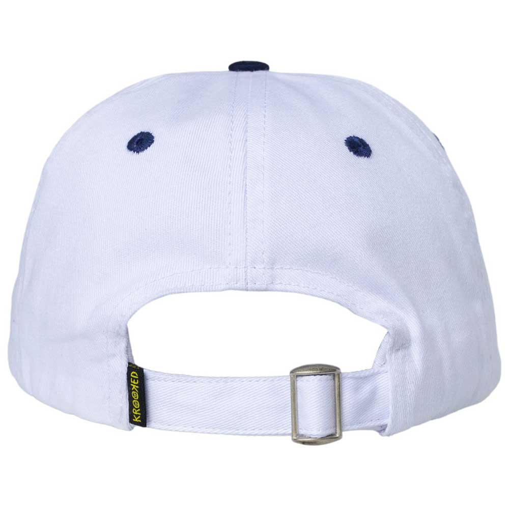 Back view of the Sunheart Stripe White Krooked Skateboards Adjustable Snapback Hat featuring a fabric strap with a metal buckle for size adjustment, two blue ventilation eyelets, and a small black and yellow Krooked Skateboards tag on the left side of the strap.