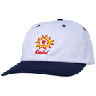 The Sunheart Stripe White Krooked Skateboards Adjustable Snapback Hat features a navy blue brim and showcases an embroidered Sunheart Stripe graphic above the word "Hooked" in red script on the front, highlighting classic Krooked Skateboards style.
