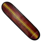 The Surfboard 8.3x32.1 Black Silver Deck Late Nite Stars Skateboard features a reddish-brown wood grain finish, a yellow central stripe, and black silver abstract line art across the center.