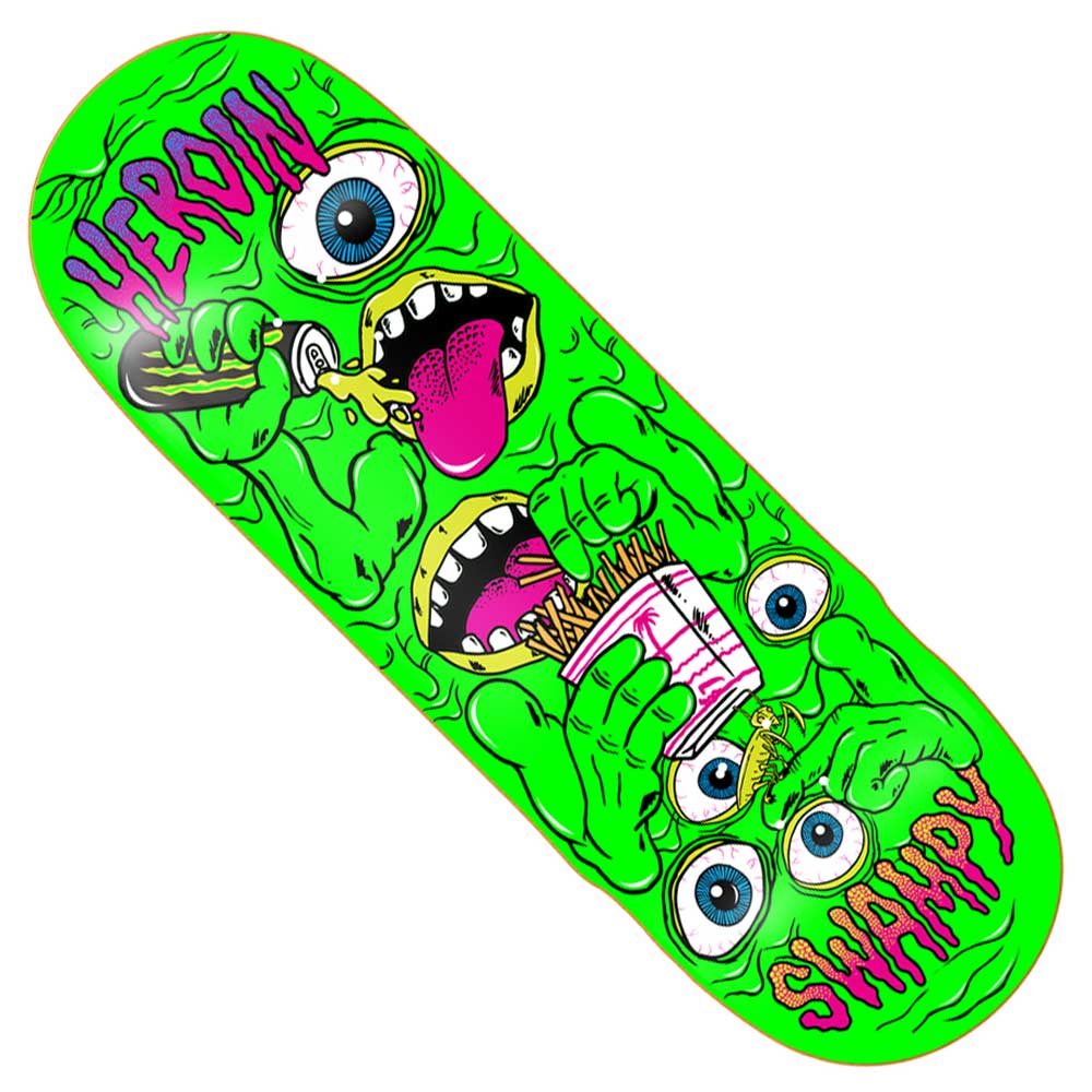 The Swampy 10.25x32.7 Mutate or Die Heroin Skateboards Deck features bright green Hard Rock Maple with a cartoon multi-eyed monster eating a hot dog and fries, plus bold HEROIN and SWAMPY lettering in a stylized design.