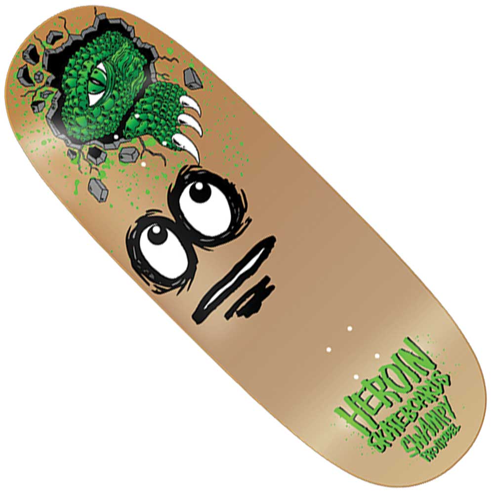 Introducing the Swampy Egg 11x32.6 Heroin Skateboards Deck Shaped—this bold skateboard features a cartoon face alongside a green monster claw tearing through the wood, debris flying all around. The unique 11x32.6 shape amplifies its eye-catching style, while “HEROIN SKATEBOARDS SNIFF SNIFF” is printed at the tail end. Embrace the Swampy Egg vibe with this standout deck!.
